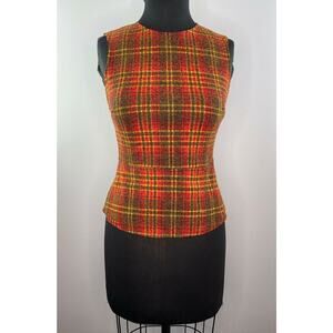 ZARA Orange Red Brown Fall Plaid Check Peplum Sleeveless Top Shirt S Small